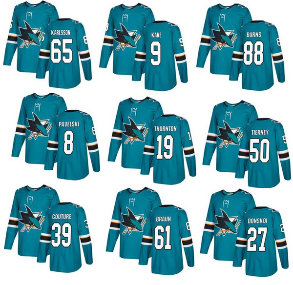 San Jose Sharks Home Stitched 39 COUTURE 8 PAVELSKI 9 KANE 19 THORNTON 65 KARLSSON 88 BURNS Hockey Jersey,Cheap buy mens sports fan clothing