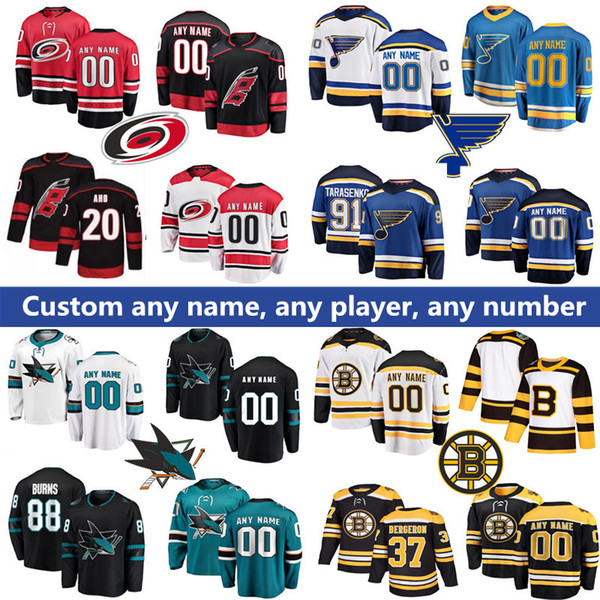 Custom 2019 Carolina Hurricanes Jersey 20 Sebastian Aho San Jose Sharks 8 Joe Pavelski Boston Bruins St. Louis Blues Hockey Jerseys