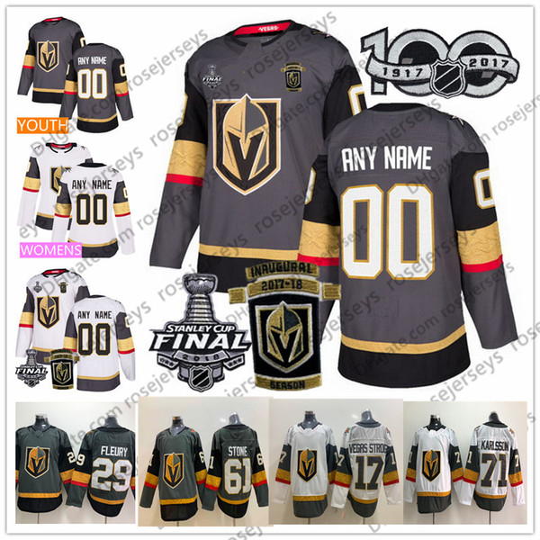 Custom Vegas Golden Knights 2018 Stanley Cup Gray White Any Number Name Fleury Pacioretty Reaves Tuch Eakin Mark Stone #17 Inaugural Jerseys