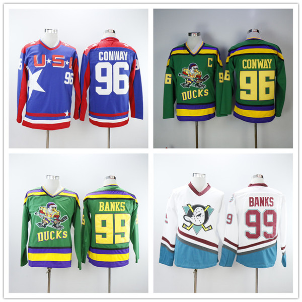 All-Star 96 Charlie Conway Blue 99 Adam Banks Hockey Jersey The Mighty Ducks Of Anaheim Men Movie Jersey Green