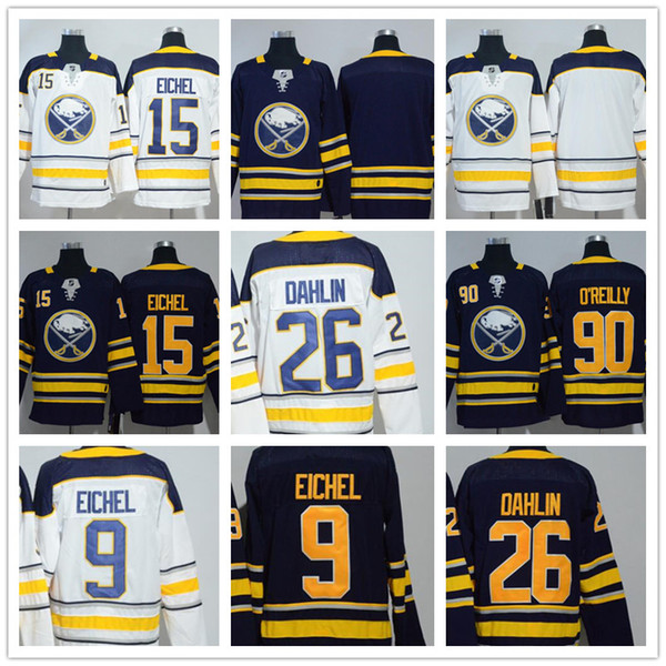 Mens Buffalo Sabres 9 Jack Eichel 26 Rasmus Dahlin 15 Jack Eichel 90 Ryan O'Reilly Blank White Black Hockey Jersey 100% Stitched