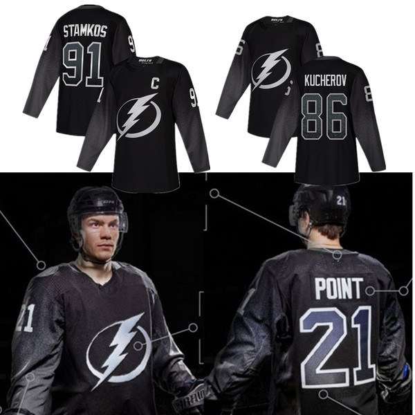 2019 New Hockey Tampa Bay Lightning Black Alternate Jersey 21 Brayden Point 86 Nikita Kucherov 91 Steven Stamkos 00 Blank size S-3XL