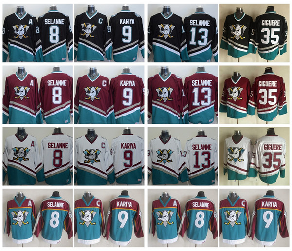 Vintage Anaheim Mighty Ducks Hockey Jerseys 8 Teemu Selanne 9 Paul Kariya 35 Jean-Sebastien Giguere 13 Selanne 1998 CCM Jersey