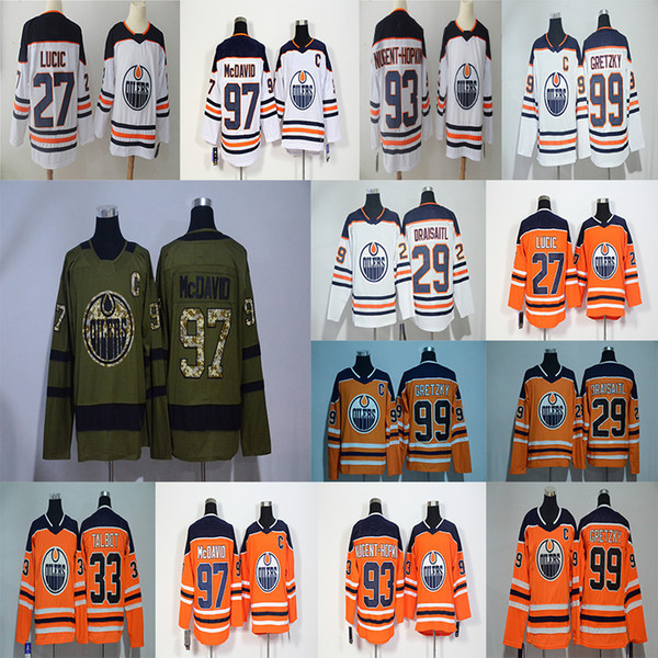 2019 News Edmonton Oilers 97 Connor McDavid Jersey 99 Wayne Gretzky 29 Leon Draisaitl 27 Milan Lucic 93 Ryan Nugent-Hopkins Hockey Jerseys