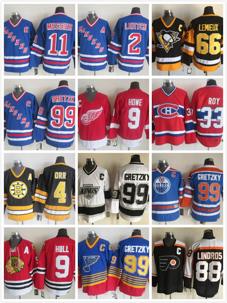 99 Wayne Gretzky 66 Mario Lemieux 9 Bobby Hull Hockey Jersey 9 Gordie Howe 4 Bobby Orr 33 Patrick Roy 88 Eric Lindros Leetch Messier Jerseys