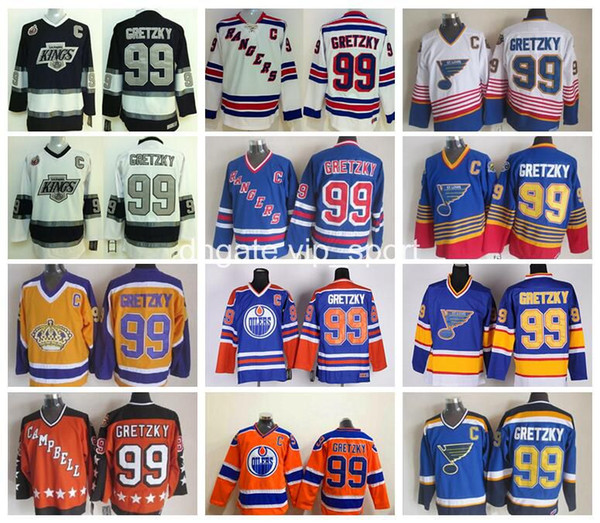 Ice Hockey 99 Wayne Gretzky Jersey Men Rangers LA Kings Oilers St. Louis Blues Wayne Gretzky Jerseys All Star Blue White Red