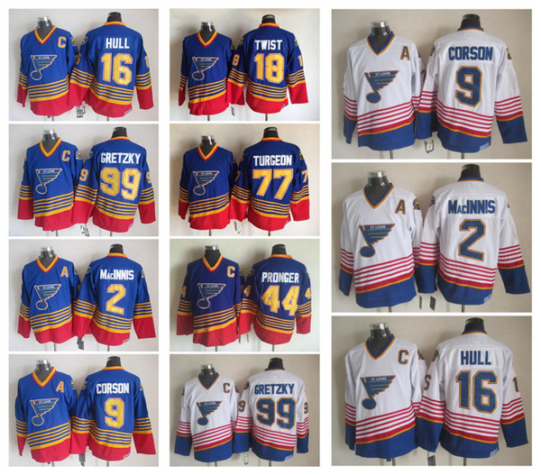 St. Louis Blues Ice Hockey Jerseys 2 AL MacINNIS 9 Shayne Corson 16 Brett Hull 99 Wayne Gretzky Throwback Vintage CCM Stitched Jerseys