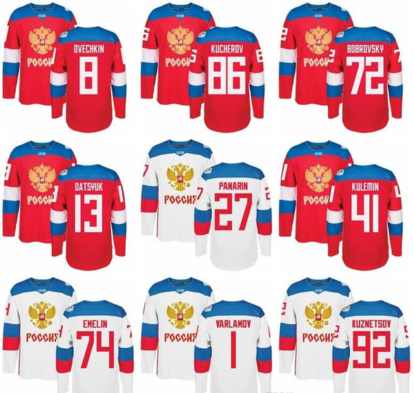 Wholesale men Ice Hockey Russia Jerseys World Cup WCH 72 Artemi Panarin Russian Jersey 86 Nikita Kucherov 71 Malkin 8 Alex Ovechkin 13 Pavel