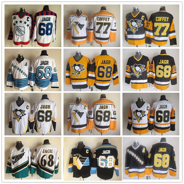 Vintage 68 Jaromir Jagr 77 Paul Coffey Pittsburgh Penguins Washington Capitals Black White Yellow Ice Hockey Jerseys