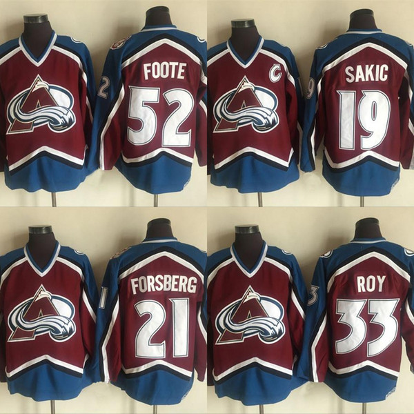 Colorado Avalanche #33 Patrick Roy 19 Joe Sakic 21 Peter Forsberg 52 Adam Foote Retro Hockey Jerseys Free Shipping