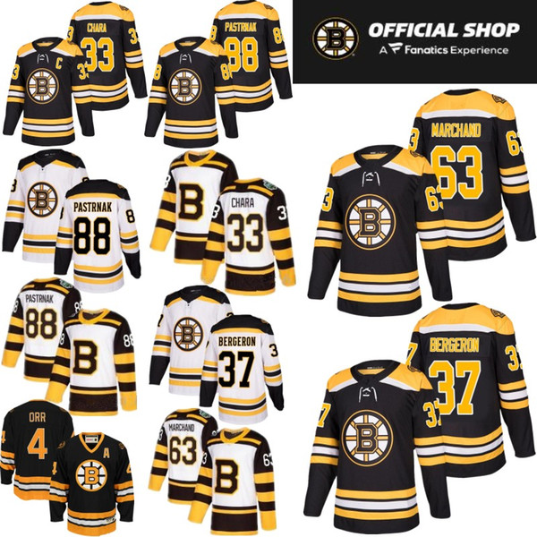 Boston Bruins Jersey 63 Brad Marchand 33 Zdeno Chara 37 Patrice 88 David Pastrnak 4 Bobby Orr Hockey Jerseys Stitched