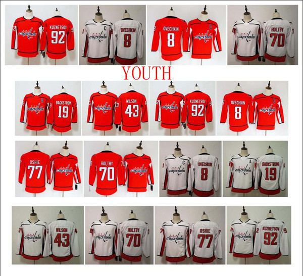 Youth NHL Washington Capitals Jersey Alexander Ovechkin Evgeny Kuznetsov 77 TJ Oshie 70 Braden Holtby 43 Tom Wilson Backstrom Kids Hockey