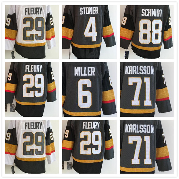 2018 Men's Las Vegas Knights 29 Marc-Andre Fleury #88 Schmidt #71 Krrlsson #6 Miller #4 Stoner White Black Grey Home Premier Hockey Jerseys