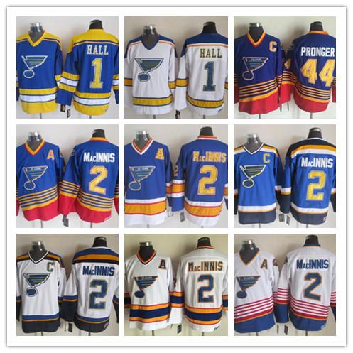 St. Louis Blues Vintage Classic 2 Al MacInnis Light Blue White Men 44 Chris Pronger 1 Glenn Hall Ice Hockey Jersey