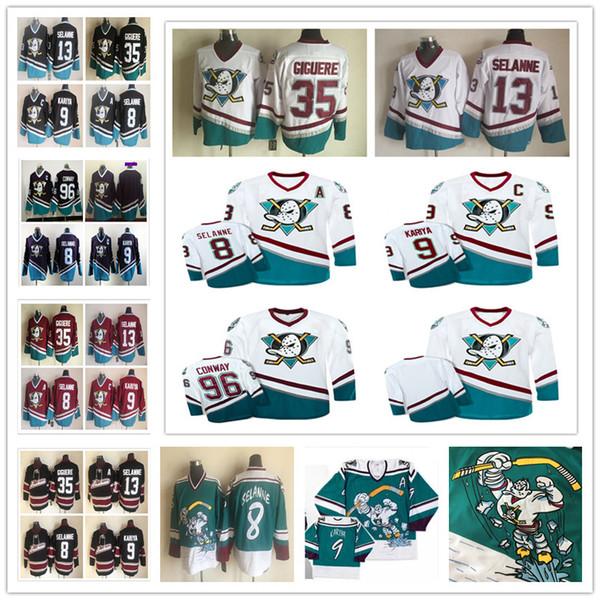 Mens Mighty Ducks 96 Charlie Conway 9 Paul Kariya 8 Teemu Selanne 13 Jean-Sebastien Giguere 35 Anaheim Hockey Jerseys White Purple