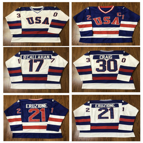 men's 30 Jim Craig 21 Mike Eruzione 17 Jack O'Callahan 1980 USA Hockey Jersey Team USA Miracle On Alternate Year Jerseys