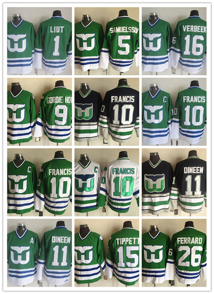 CCM Newest Men Stitched Hartford Whalers #1 LIUT/#10 FRANCIS/#11 DINEEN/#15 TIPPETT/#16 VERBEEK White Black Green CCM Ice Hockey Jerseys