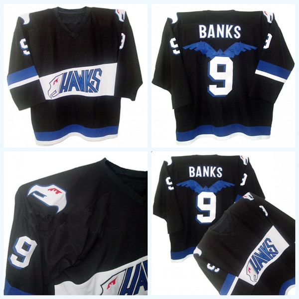 Mighty Ducks Movie Jersey Hawks Adam Banks #9 Men's 100% Stitched Embroidery Logos Hockey Jerseys Black Fast Shipping