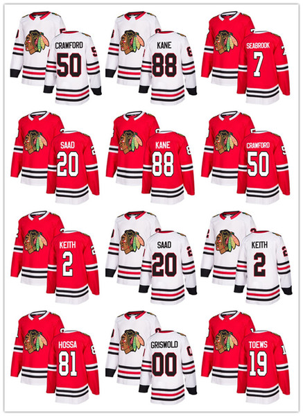 2018 Chicago new 2 Keith 7 Brent Seabrook 19 Jonathan Toews 20 Brandon Saad 50 Corey Crawford 88 Patrick Kane white Red jerseys