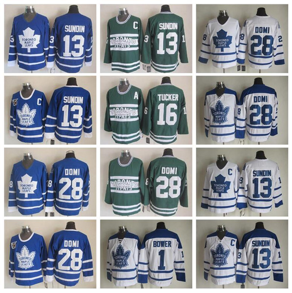 Toronto Maple Leafs Hockey Jerseys 13 Mats Sundin 28 Tie Domi 1 Johnny Bower 16 Darcy Tucker Vintage Classic Blue White Green