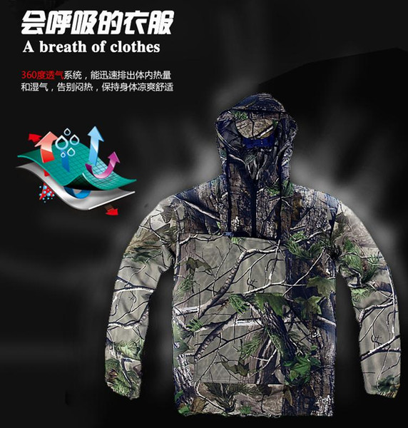 Wholesale- Mens Summer Hunting Fishing Camo Hoodie Sweatshirts with Face Cover Anti Mosquitoes Ultra Thin Camouflage Shirts Jacket