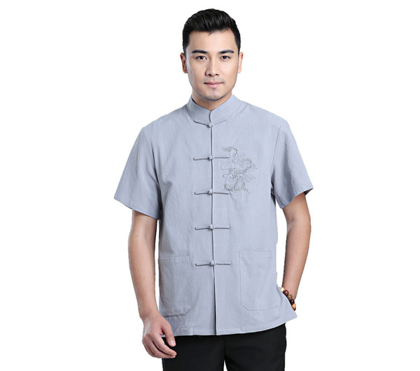 Shanghai Story 2022Dragon Embroidery Chinese Traditional Kung Fu Tops Short Sleeve Tang Suit Clothing For Men Blend Linen Chinese Shirt