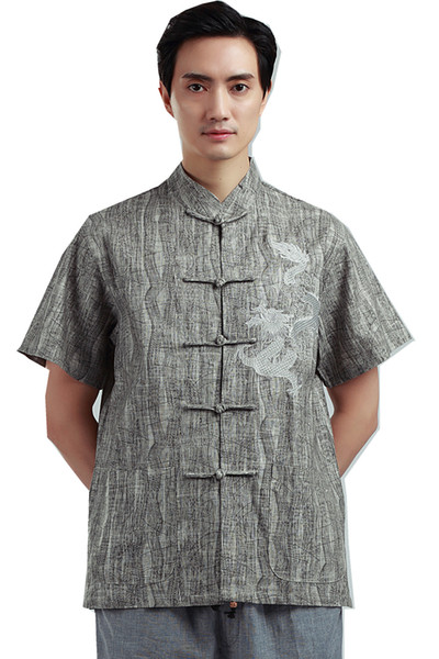 Shanghai Story Men's Chinese Vintage Linen Shirt Short Sleeve Chinese Gragon Top Summer Grey Shirt for Man