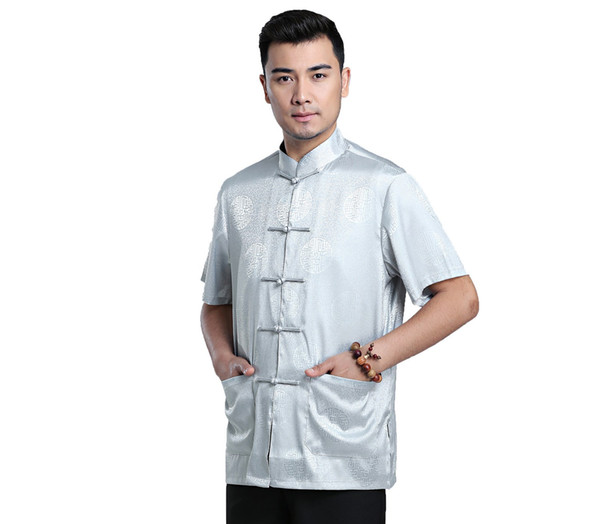 Shanghai Story Chinese Traditional Kung Fu Tops Short Sleeve Tang Suit Clothing For Men Faux Silk Chinese Shirt