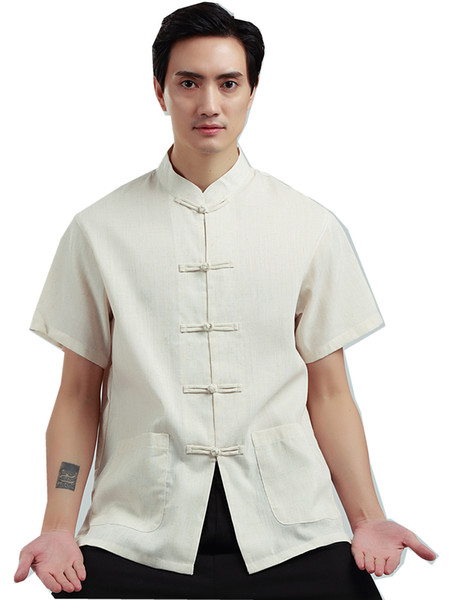 Shanghai Story Men's Chinese Vintage Linen Shirt Short Sleeve Chinese Top Summer Shirt for Man