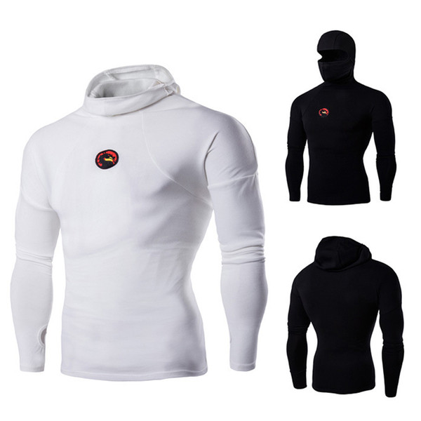 New Men Stretch Cotton Hoodie Fitness Personality Masked Ninja Black White Sports T-shirt Casual Male Long-sleeved High-Necked M-3XL Sale