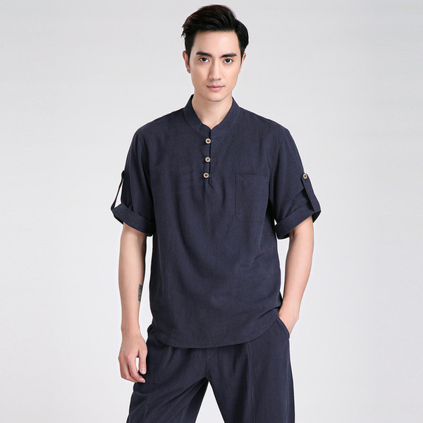 Free Shiping Chinese Traditional Linen Short Sleeve Tang Suit Tops Kung Fu Uniform Kung Fu Jacket 5 Color