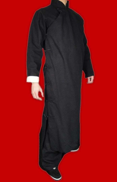 100% Cotton Black Kung Fu Martial Arts Tai Chi Long Coat Robe XS-XL or Tailor Custom Made