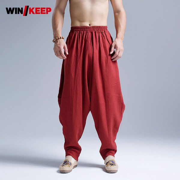 Mens Cotton Linen Baggy Pants Kung Fu Martial Arts Sports Pants Drop Crotch Loose Harem Folk Tai Chi Trainer Sweatpants