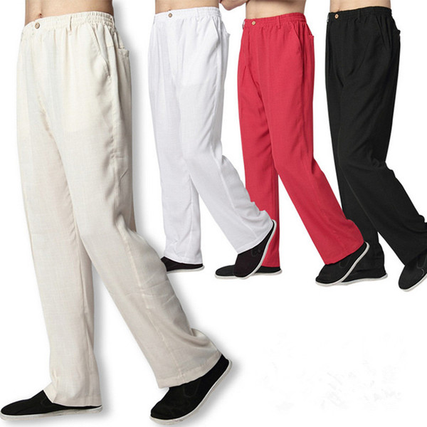 Traditional Chinese Men's Kung Fu Trousers Martial arts pants Plus Size Cotton Linen Wu Shu Tai Chi Elastic Waist Pants 4colors