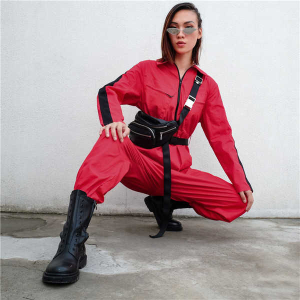 Europe and the United States 2019 autumn explosion models women's new ribbon zipper tooling jumpsuit street pants one pants