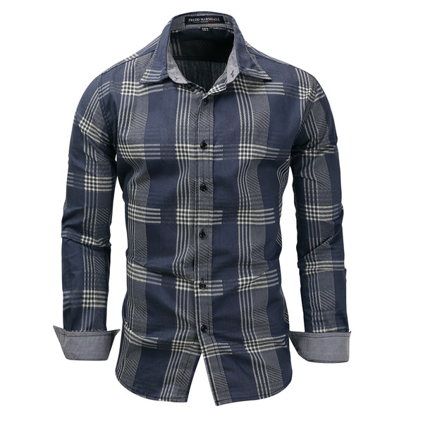 Denim Blue Plaid Shirt Men Shirts 2018 New Summer Fashion Chemise Homme Mens Checkered Shirts Long Sleeve Shirt Men Blouse