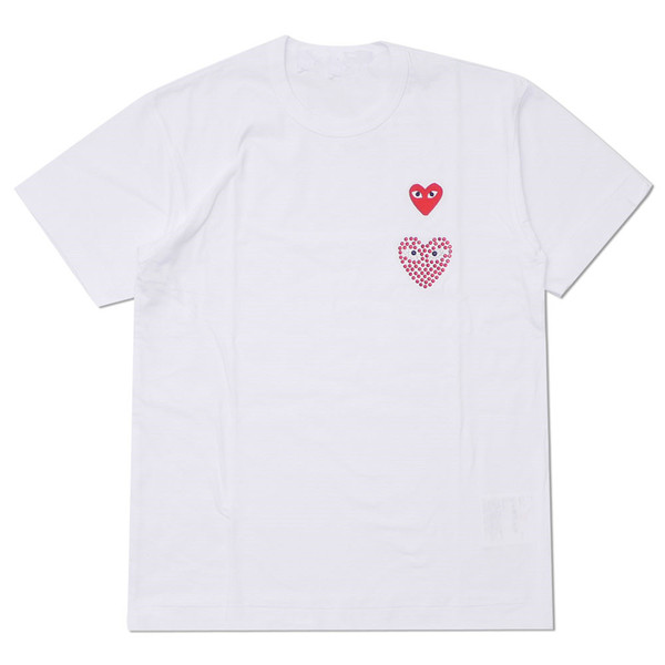 Mens Designers T Shirts COMMES Japan Women DES GARCONS OFF Round Neck Cotton BREATHABLE WHITE Double Heart Hot Drilling Short Sleeve T-sh