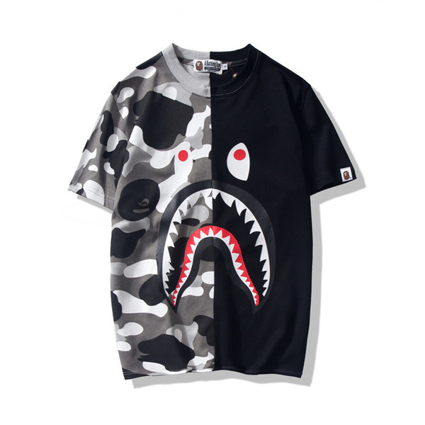 19ss mens designers T Shirts camou Print Zipper Shark mouth T-shirt a bathing aape Casual Short ape White Tee Shirts for summer