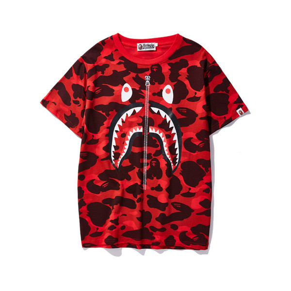 Mens designers T Shirts a bathing 19ssBAPE camo Print Zipper Shark mouth T-shirt Casual Short ape red Tee Shirts for summer