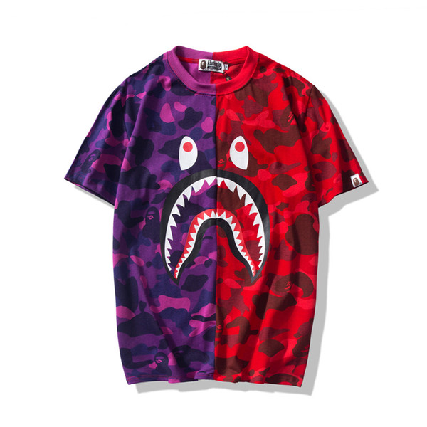 19ss mens designers T Shirts Print Zipper Cartoon Shark mouth T-shirt a bathing aape Casual Loose Short ape White Tee Shirts for summer