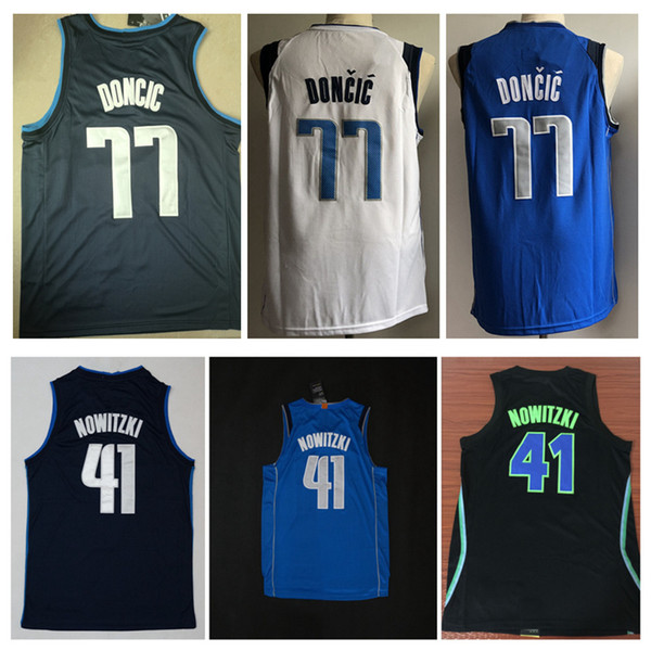 2018 New Top quality For 41# Dirk Nowitzki Mens Home Away Jersey Nowitzki 77# Luka Doncic Basketball jerseys White blue Shirts Free Shipping