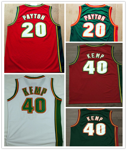 Free Shipping High Quality Jersey All 20# Gary Payton Jerseys, 40# Shawn Kemp White Green Red Embroidery Basketball Jersey Size S-XXL