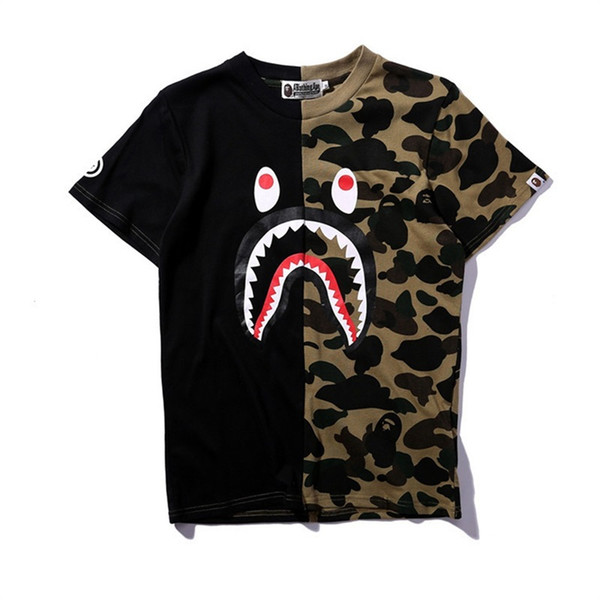 Shark Head t Shirt Pullover Camouflage Hip Hop Splicing Short Sleeved Man Women Designer Cotton Sport Sweatshirt 36ch Ww