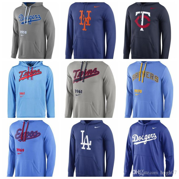 Men's New York Mets Minnesota Twins Milwaukee Brewers Montreal Expos Los Angeles Dodgers Royal Logo Performance Pullover Hoodie