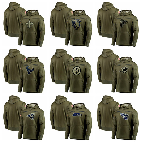 Men Steelers Rams Dolphins Falcons Titans Texans Seahawks Titans Saints Olive Salute to Service Sideline Therma Performance Pullover Hoodie