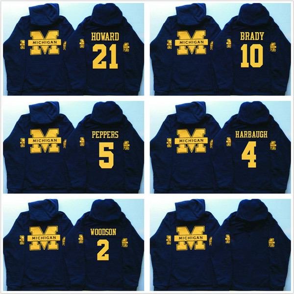 Men's Michigan Wolverines Hoodies Jim Harbaugh 4 Desmond Howard 21 Charles Woodson 2 Tom #10 navy Brady College Hooded pullover Sweatshirts