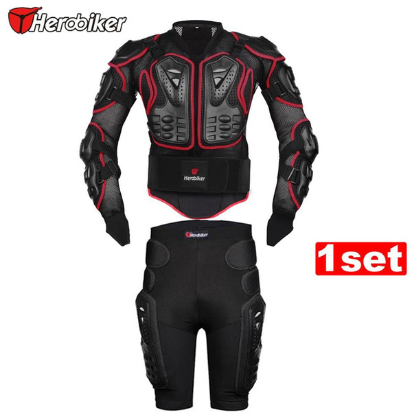 HEROBIKER Red Motorcycle Riding Body Armor Protection Jacket + Motorcross Off-Road Racing Protector Hip Pads Black Shorts Sets