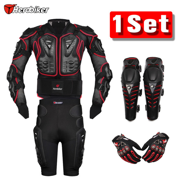 Herobiker Red Motorcross Racing Motorcycle Body Armor Protective Jacket +Gears Short Pants +Protective Motorcycle Knee Pad +Gloves