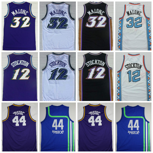 High Quality #32 Karl Malone Jersey Mens #12 John Stockton Jersey Cheap #44 Pistol Pete Maravich Jerseys Purple White Black Stitched Logos