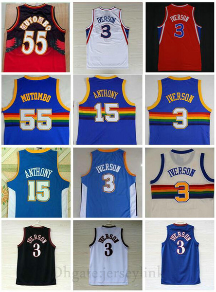 Best-Quality #55 Dikembe Mutombo Jerseys Vintage Allen #3 Iverson Jersey White Red Blue #15 Carmelo Anthony Jersey Stitched Shirts S-XXL